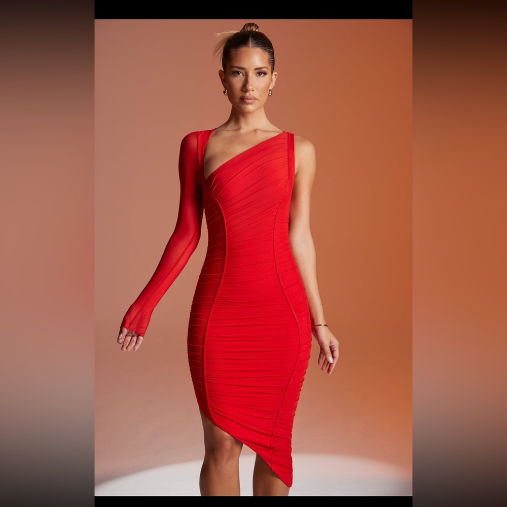 Asymmetric Single Sleeve Midi Dress in Red Brand New Never Worn